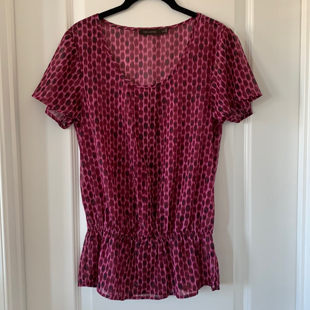 THE LIMITED Polka Dot Sheer Peplum Hem Short Sleeves Blouse Size XS